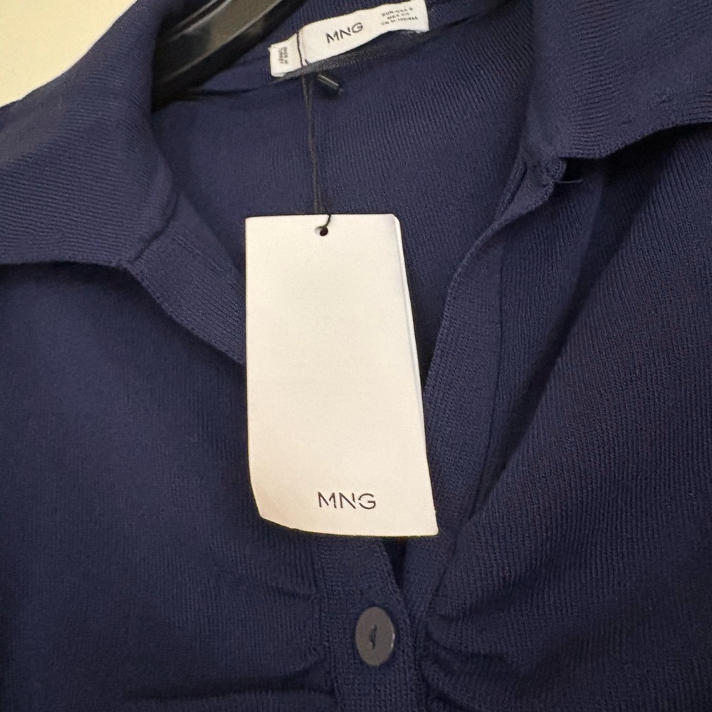 Mango Navy Ruched Button-Down Shirt - Picture 2 of 4